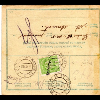 Tschechoslowakei 1918, alte Österreich Portomarke rs auf Paketkarte v. Praskacka