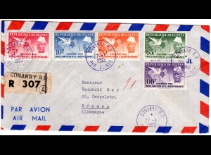 Guinea 1962, 5 Werte Unabhängigkeit kpl. auf Reko Luftpostbrief n. Deutschland.