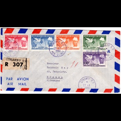 Guinea 1962, 5 Werte Unabhängigkeit kpl. auf Reko Luftpostbrief n. Deutschland.