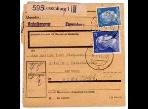 Luxemburg DR 1943, 25+20 Pf. auf Paketkarte m. rs. L1 Zustellgeld erhalten