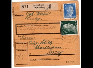 Luxemburg DR 1944, 50+20 Pf. auf Paketkarte v. Luxemburg-Limpertsberg