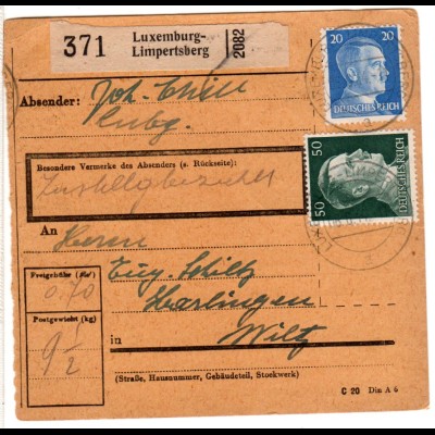 Luxemburg DR 1944, 50+20 Pf. auf Paketkarte v. Luxemburg-Limpertsberg