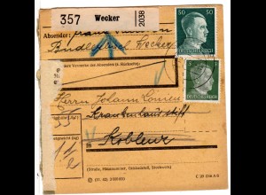 Luxemburg DR 1943, 50+5 Pf. auf Paketkarte v. Wecker n. Koblenz m. Rücksendung