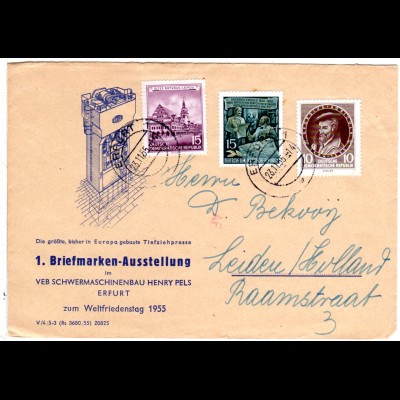 DDR 1955, 3 Marken auf Sonderumschlag z. 1. Briefmarken-Ausstellung in Erfurt