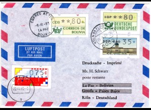 BRD 1989, Luftpostbrief v. Köln m. Bund, Bolivien u. NL Automatenmarken 