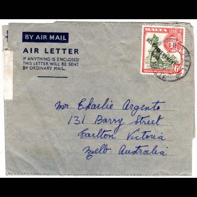 Malta 1951, 6d auf Air Letter Luftpost Brief n. Australien. 