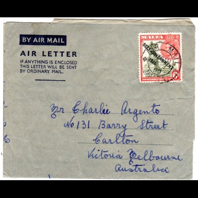 Malta 1950, 6d auf Air Letter Luftpost Brief n. Australien. 