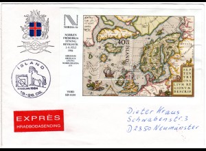 Island Block 6, 40 Kr. Landkarten Block auf Express Brief n. Deutschland.