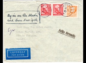 Schweden 1941, 2x20 öre+ 1 Kr. auf Luftpost Brief v. Haverud n. Brasilien