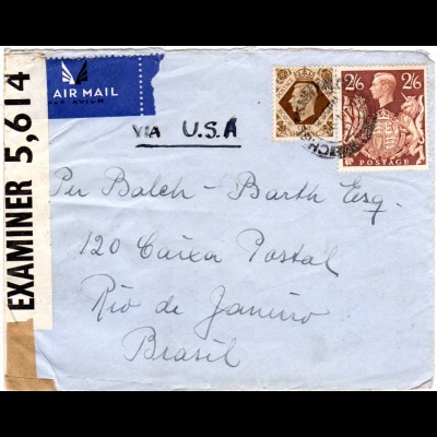 GB 1941, 2´6+1 Sh. auf Luftpost Zensur Brief v. Winchcombe n. Brasilien