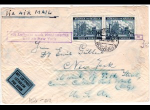 Böhmen u. Mähren 1940, MeF 2x4 K. auf Luftpost Zensur Brief v. Göding n. USA