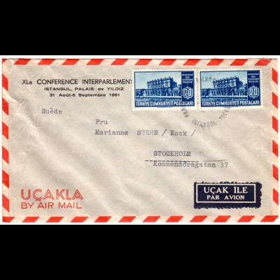 Türkei 1951, Conference Interparlamentaire, MeF auf Luftpostbrief m Sonderstpl.