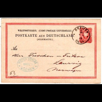 DR 1879, 10 Pf. Ganzsache m. Firmenstpl. v. BREMEN 5 n. Norwegen