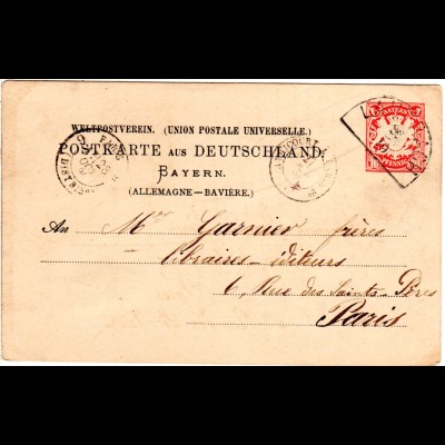 Bayern 1884, HKS LAUTRACH auf 10 Pf. Ganzsache n. Frankreich