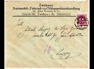 DR 1923, 100 Mk. auf Umschlag Zwickauer Automobil-, Fahrrad- u. Nähmaschinenhdlg