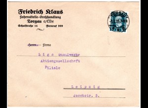 DR 1925, 10 Pf. auf Umschlag Fahrradteie Großhandlung F. Klaus, Torgau