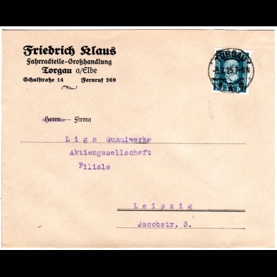 DR 1925, 10 Pf. auf Umschlag Fahrradteie Großhandlung F. Klaus, Torgau