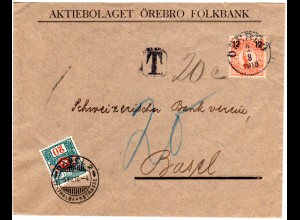 Schweden 1918, 12/25 öre auf Brief v. Örebro n. Basel m. Schweiz 20 C. Porto