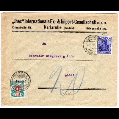 DR 1919, 20 Pf. Germania auf Firmen Bief v. Karlsruhe m. Schweiz 20 C. Porto