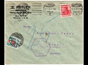 DR 1916, 10 Pf. Germania auf Zensur Brief v. Mannheim m. Schweiz 25 C. Porto