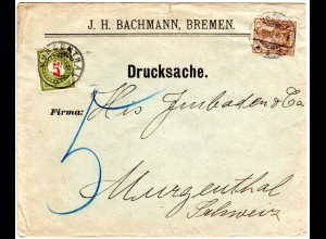 DR 1901, 3 Pf. Germania Reichspost auf Brief v. Bremen m. Schweiz 5 C. Porto