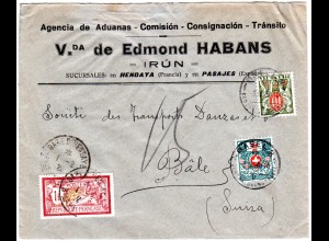 Frankreich 1926, 1 Fr. auf Firmen Brief v. Irun Spanien m. 2 Schweiz Portomarken