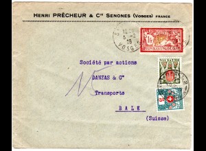 Frankreich 1926, 1 Fr. auf Firmen Brief v. Senones m. 2 Schweiz Portomarken