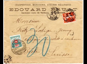 Frankreich 1911, 10 C. auf Firmen Brief v. Montbeliard m. Schweiz 30 C. Porto