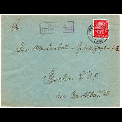 DR 1938, Landpost Stpl. PLÖTZIN über Werder (Havel) auf Brief m. 12 Pf. 