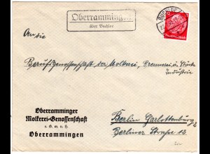 DR 1936, Landpost Stpl. OBERRAMMINGEN über Buchloe auf Molkerei Brief m. 12 Pf. 