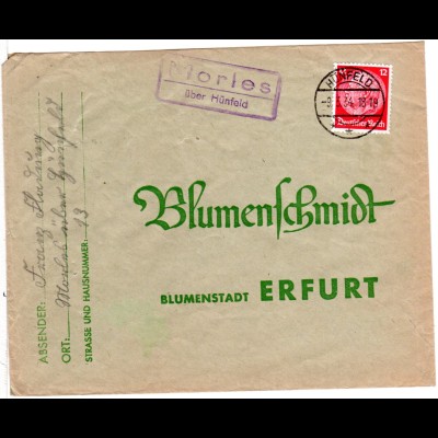 DR 1934, Landpost Stpl. MORLES über Hünfeld auf Brief m. 12 Pf. 