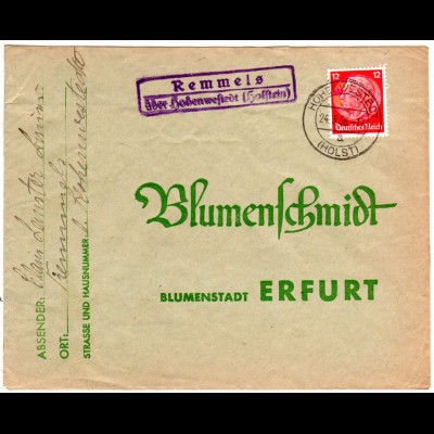 DR 1936, Landpost Stpl. REMMELS über Hohenwestedt (Holstein) auf Brief m. 12 Pf 