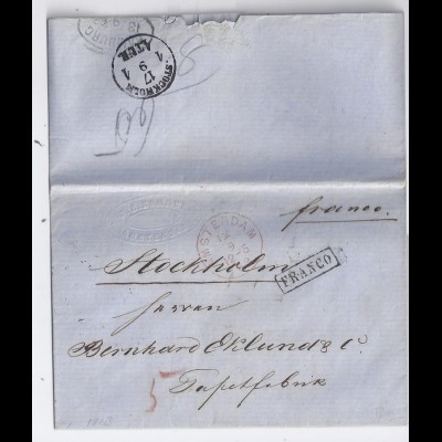 NL Schweden 1863, Amsterdam in rot u. L1 FRANCO auf Brief n. Stockholm. #1319