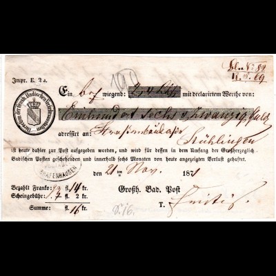 DR 1871, Baden Postschein m. nachverw. Postablage Stpl. BONNDORF PA Grafenhausen