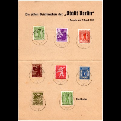 1945, Die ersten Briefmarken der Stadt Berlin, Falt-Gedenkblatt m. 8 Marken