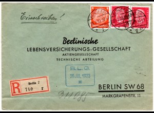 DR 1933, 8+2x15 Pf. auf portorichtigem Orts-Einschreiben Brief v. Berlin 7