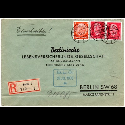 DR 1933, 8+2x15 Pf. auf portorichtigem Orts-Einschreiben Brief v. Berlin 7
