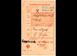 DR 1892, L1 Kappelrodeck klar auf Post Einlieferungsschein f. eine Postanweisung