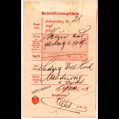 DR 1906, L1 Kappelrodeck auf Post Einlieferungsschein f. eine Postanweisung