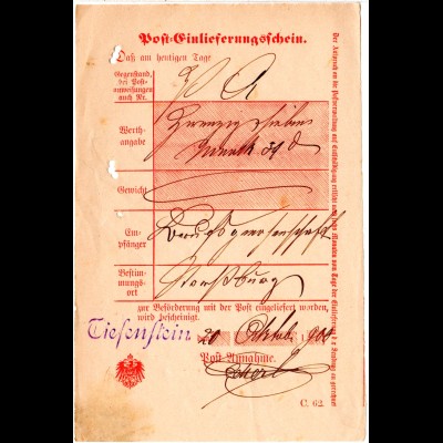 DR 1900, L1 Tiefenstein klar auf Post Einlieferungsschein f. eine Postanweisung