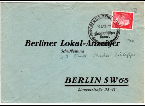 DR 1942, 12 Pf. Hitler m. Firmenlochung perfin auf Brief v. Oberschreiberhau