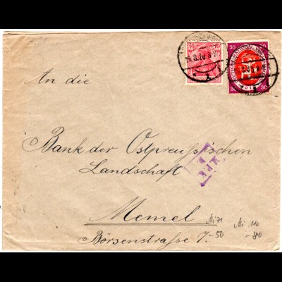 DR 1920, 10+30 Pf. auf Zensur Brief v. Braunschweig n. Memel.