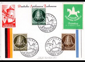 Berlin 1954, 3 versch. Glockenwerte auf Ereigniskarte Spielwaren Messe Nürnberg