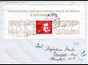 BRD 1959, 20 Pf. m. oberem Teil des Beethoven Block auf Brief v. Frankfurt