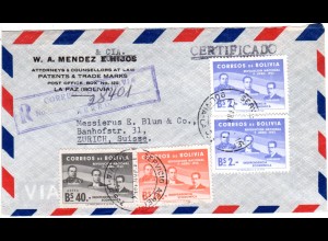 Bolivien 1954, 4 Werte Revolucion National auf Reko Luftpost Brief v. La Paz