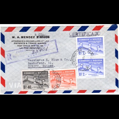 Bolivien 1954, 4 Werte Revolucion National auf Reko Luftpost Brief v. La Paz