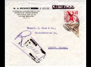 Bolivien 1953, Dreiecksmarke 20 Bs.+15 Bs. auf Reko Luftpost Brief v. La Paz 