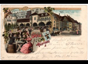 Gruss aus München m. Biertrinker im Hofbräuhaus Arkadenhof, 1900 gebr. Litho-AK