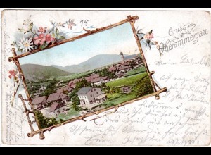 Gruss aus Oberammergau im Deko-Passepartout, 1900 gebr. Farb-AK