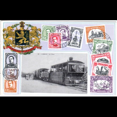 Belgien, Briefmarken & Wappen Präge Passepartout AK m. Corbion, Le Tram